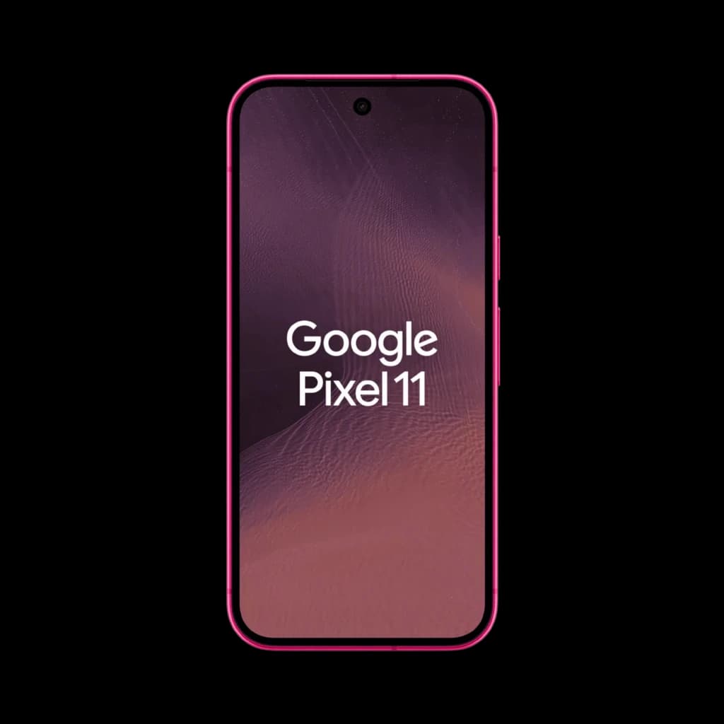 Google Pixel 11 5G Hibiscus avec écran bord à bord perforé au centre, cadre rose, finition mate élégante, logo Google Pixel 11 affiché sur l’écran