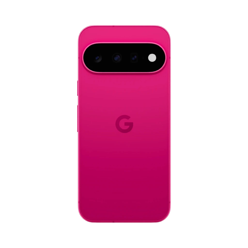 Google Pixel 11 5G cor Hibiscus com traseira rosa brilhante, módulo de câmera tripla horizontal, tela plana com furo central e logo G ao centro - Item6