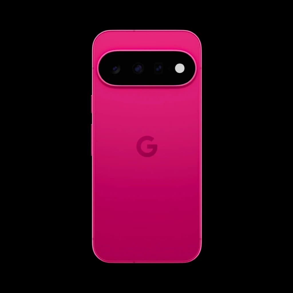 Dos du Google Pixel 11 5G hibiscus vif avec module photo horizontal triple, flash intégré et logo G centré, bords arrondis et finition mate élégante