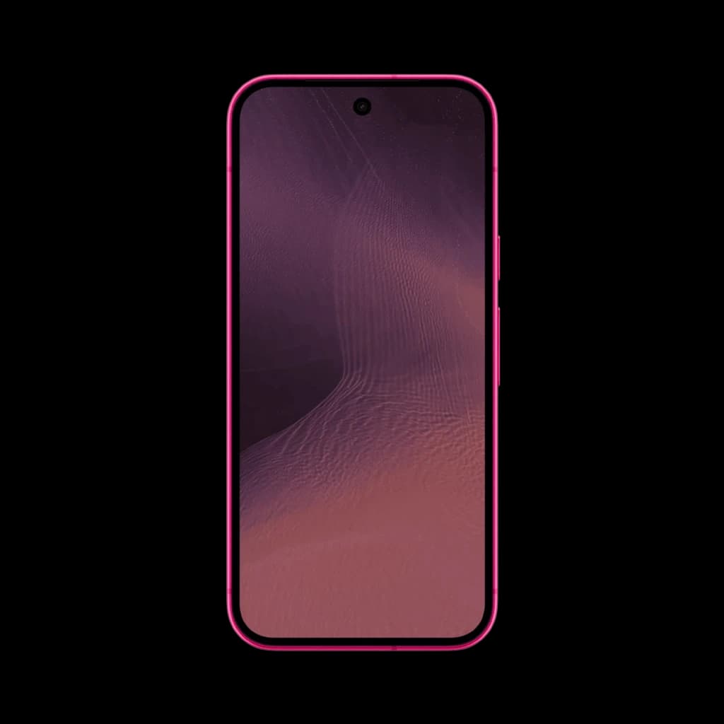 Google Pixel 11 5G hibiscus avec écran bord à bord poinçon central, bords fins rose, façade sombre dégradée, design fin et élégant 12 Go 256 Go