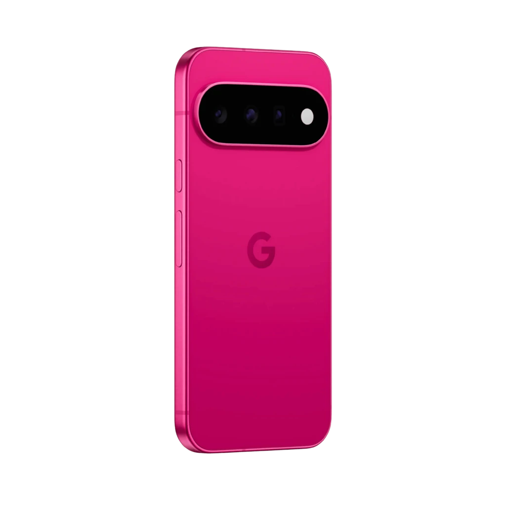 Google Pixel 11 5G cor Hibiscus com traseira rosa brilhante, módulo de câmera tripla horizontal, tela plana com furo central e logo G ao centro - Item8