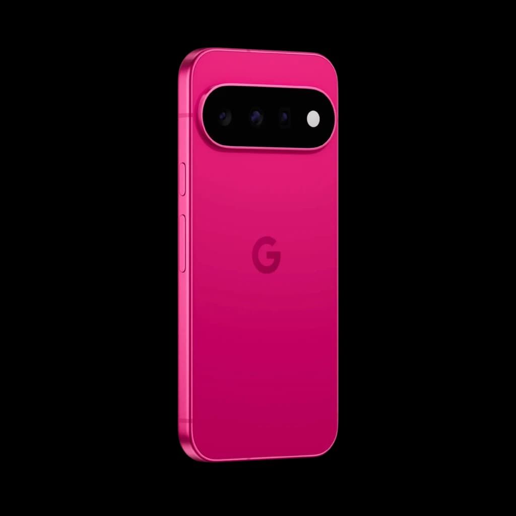 Dos du Google Pixel 11 5G hibiscus, module photo horizontal triple noir, logo G centré, bords arrondis, châssis métallique rose vif élégamment fini