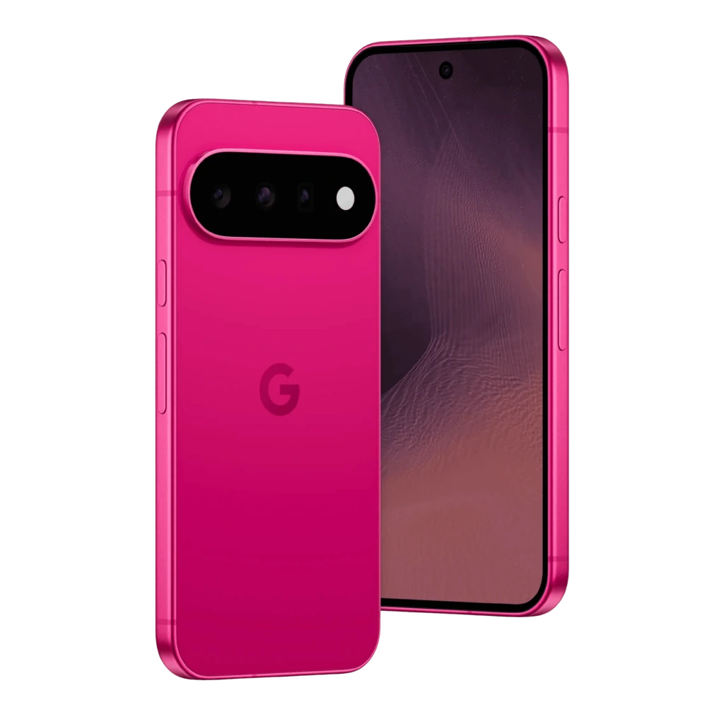 Google Pixel 11 5G cor Hibiscus com traseira rosa brilhante, módulo de câmera tripla horizontal, tela plana com furo central e logo G ao centro - Item9