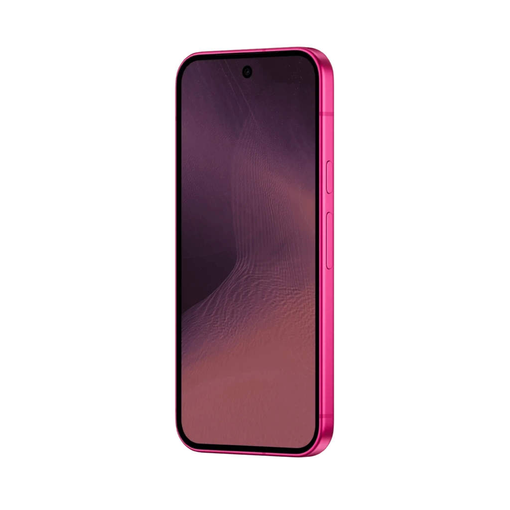 Google Pixel 11 5G cor Hibiscus com traseira rosa brilhante, módulo de câmera tripla horizontal, tela plana com furo central e logo G ao centro - Item10