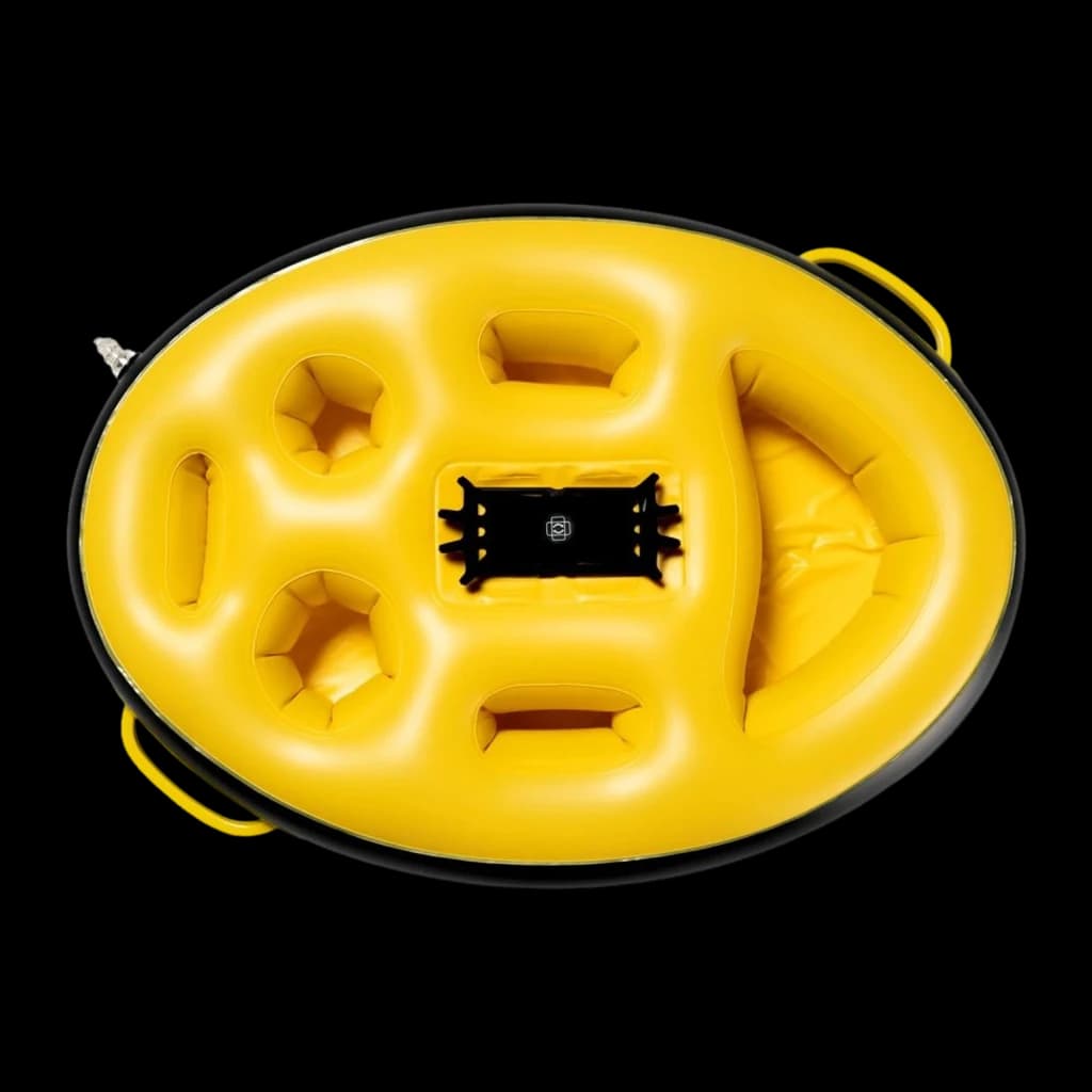 Bandeja flutuante oval amarela com múltiplos porta-copos, compartimento central e alças laterais; dimensões 590x420x130 mm, ideal para piscina