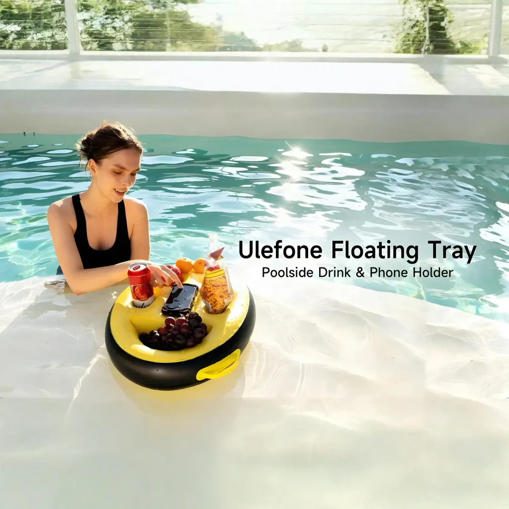 Bandeja flutuante oval amarela com múltiplos porta-copos, compartimento central e alças laterais; dimensões 590x420x130 mm, ideal para piscina - Item4