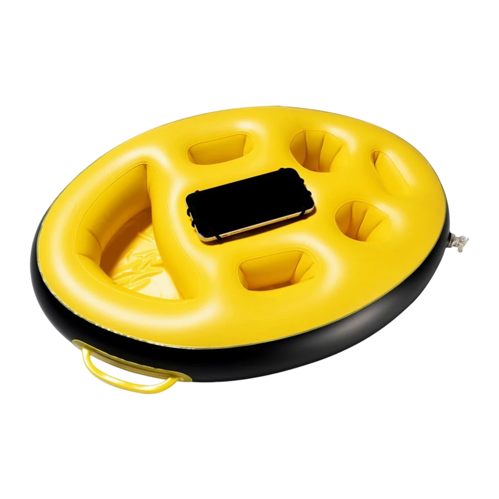 Bandeja flutuante oval amarela com múltiplos porta-copos, compartimento central e alças laterais; dimensões 590x420x130 mm, ideal para piscina - Item5