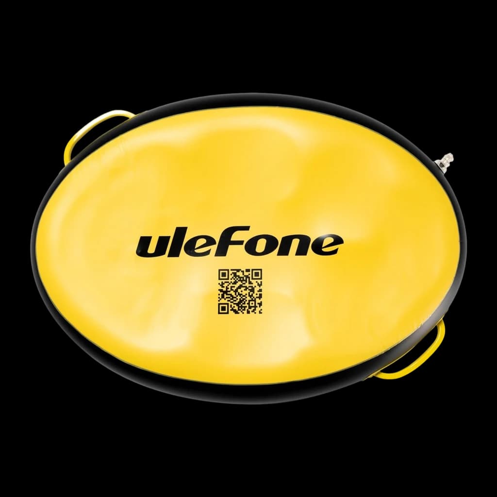 Bandeja flutuante oval amarela com borda preta, alças laterais e QR code central. Medidas 590x420x130 mm, ideal para piscina e apoio à beira da água.