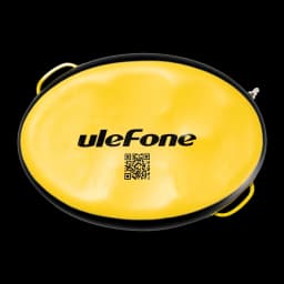 Bandeja flutuante oval amarela com borda preta, alças laterais e QR code central. Medidas 590x420x130 mm, ideal para piscina e apoio à beira da água.