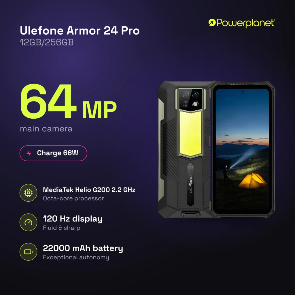 Ulefone Armor 24 Pro robusto con linterna LED trasera grande, cámara 64MP con visión nocturna, pantalla amplia, carcasa reforzada IP68/IP69K, batería - Ítem1