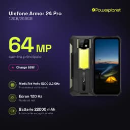 Ulefone Armor 24 Pro robusto com módulo traseiro amarelo, câmera 64 MP, tela exibindo paisagem noturna, ícones destacam 12GB/256GB, 22000 mAh e 66W
