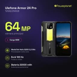 Ulefone Armor 24 Pro robusto com ecrã 120 Hz, câmara 64 MP, visão noturna, bateria 22000 mAh, IP68 IP69K e carga 66 W; corpo reforçado com detalhes amarelos