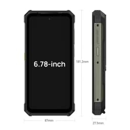Ulefone Armor 24 Pro robusto com tela 6.78 polegadas, corpo espesso 27.5 mm, laterais reforçadas e botão lateral; dimensões 181.2 x 87 mm