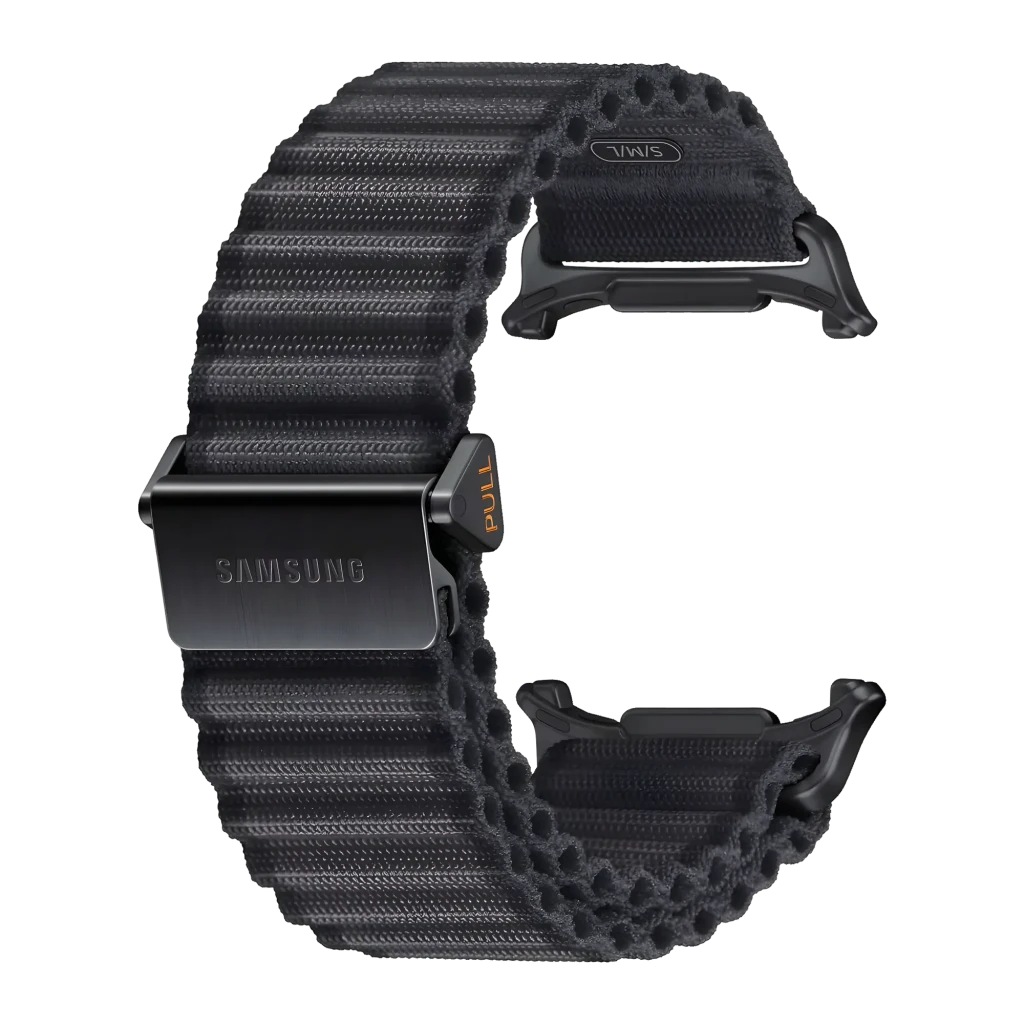 Correa smartwatch Samsung Trail Band para Galaxy Watch Ultra / 2 Negro, vista frontal: hebilla metálica con logo Samsung