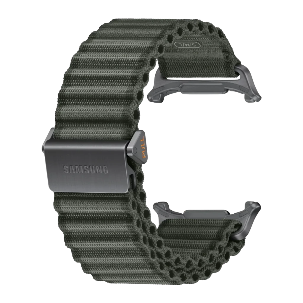 Correa smartwatch Samsung Trail Band Galaxy Watch Ultra / 2 Verde Oliva, vista frontal: tejido acanalado, hebilla metálica