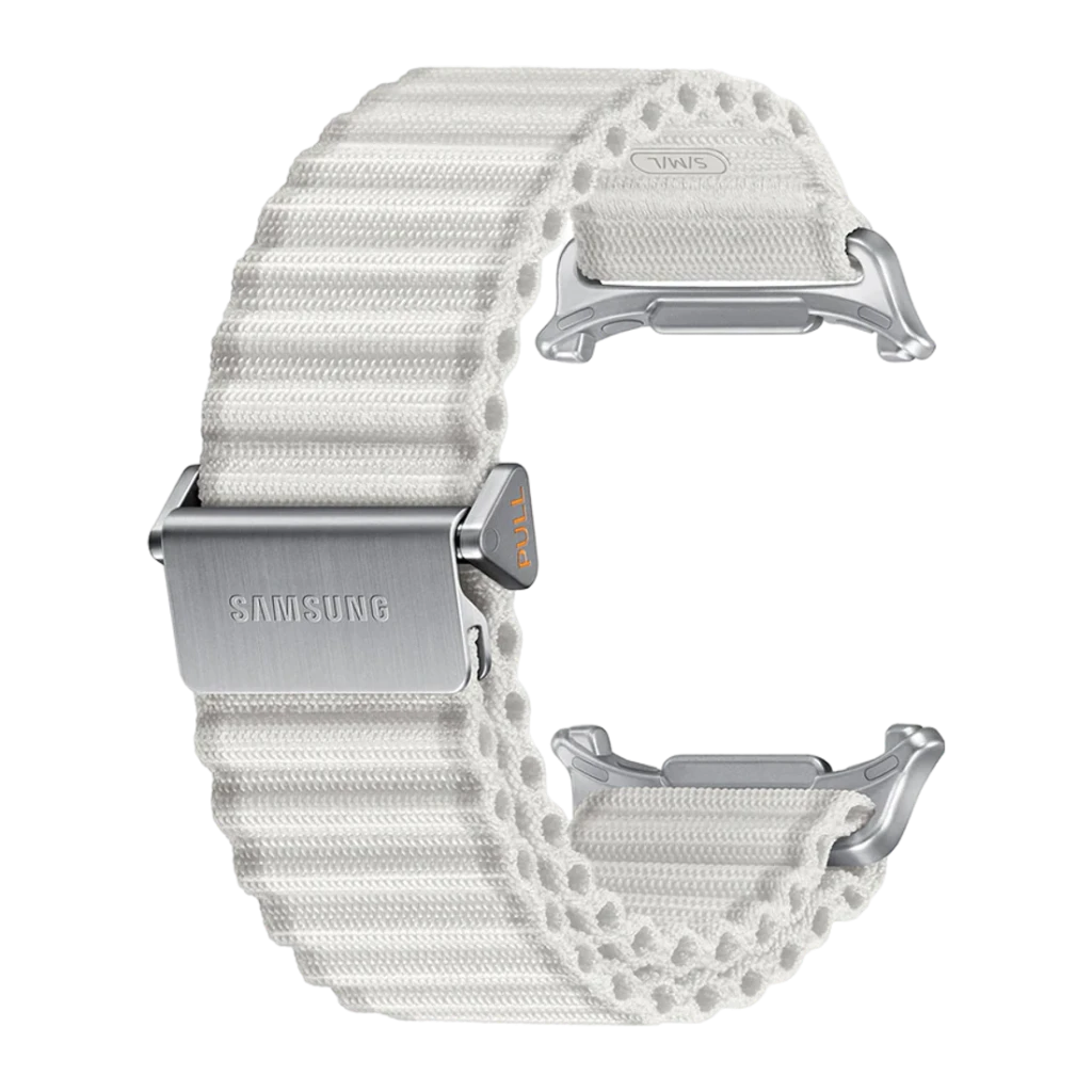 Correa smartwatch Samsung Trail Band Galaxy Watch Ultra / 2 Blanco, vista en perspectiva: textura nylon trenzado y cierre