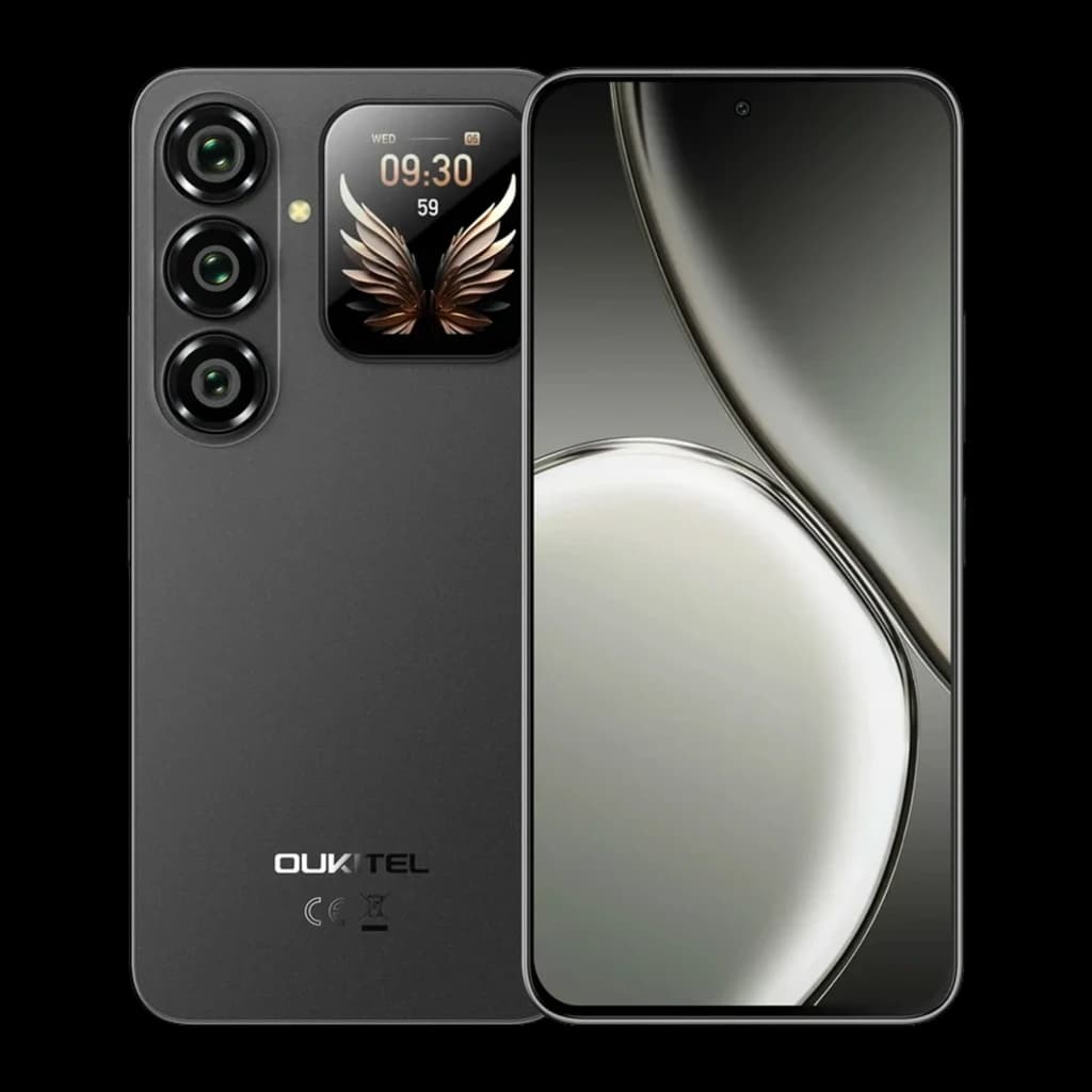 Oukitel P2 Plus noir avec triple caméra arrière, écran AMOLED 6,7 pouces 120Hz bord à bord, mini écran secondaire près des capteurs, design épuré