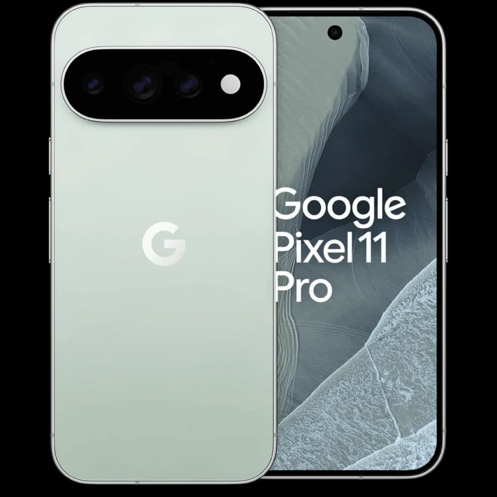 Google Pixel 11 Pro 5G verde claro con triple cámara trasera horizontal, logo G centrado y pantalla LTPO OLED 6,3 pulgadas con perforación frontal