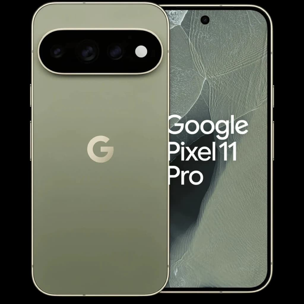 Google Pixel 11 Pro 5G color oliva con triple cámara trasera en módulo horizontal, pantalla perforada frontal y acabado metálico elegante
