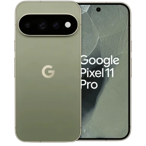 Google Pixel 11 Pro 5G na cor Olive, traseira fosca com módulo de câmera tripla horizontal e logo G; frente com tela cheia e furo central para a câmera