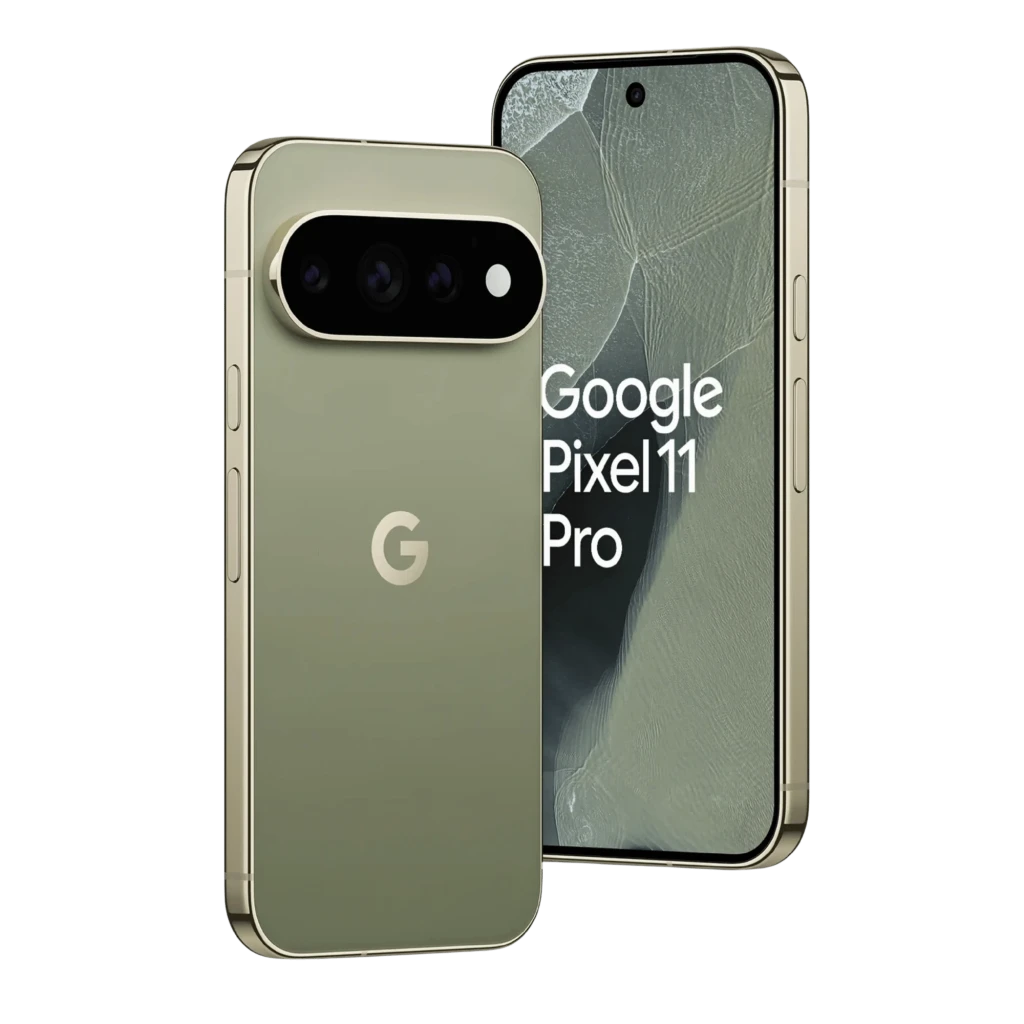 Google Pixel 11 Pro 5G na cor Olive, traseira fosca com módulo de câmera tripla horizontal e logo G; frente com tela cheia e furo central para a câmera - Item2
