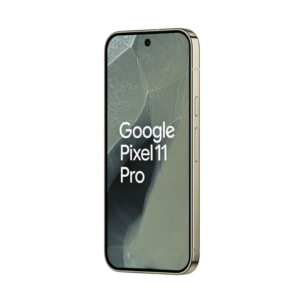 Google Pixel 11 Pro 5G na cor Olive, traseira fosca com módulo de câmera tripla horizontal e logo G; frente com tela cheia e furo central para a câmera - Item4