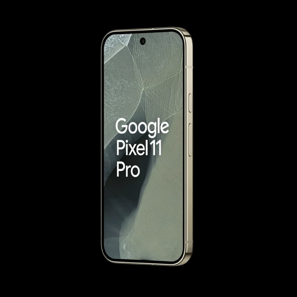 Google Pixel 11 Pro 5G color oliva, pantalla frontal con biseles delgados y cámara frontal en orificio centrado, botones laterales y bordes metálicos