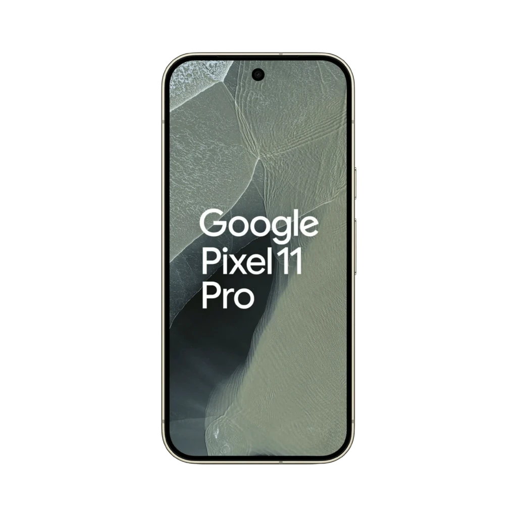 Google Pixel 11 Pro 5G na cor Olive, traseira fosca com módulo de câmera tripla horizontal e logo G; frente com tela cheia e furo central para a câmera - Item3