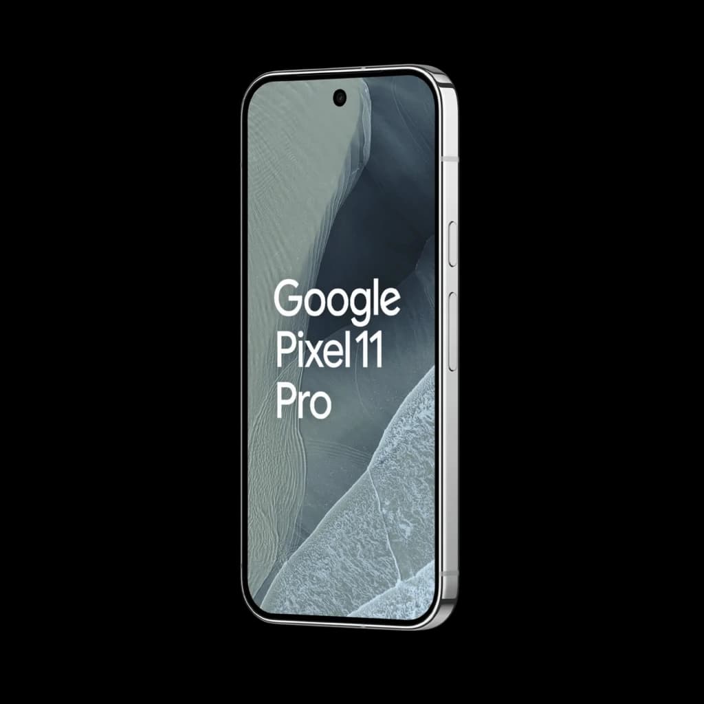 Google Pixel 11 Pro 5G en color Fog, pantalla LTPO OLED 6,3 pulgadas con marco aluminio plateado, borde plano y botón lateral; diseño elegante y minimalista