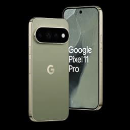 Google Pixel 11 Pro 5G en color oliva con borde dorado, triple cámara trasera en módulo negro horizontal y pantalla frontal con orificio central para la