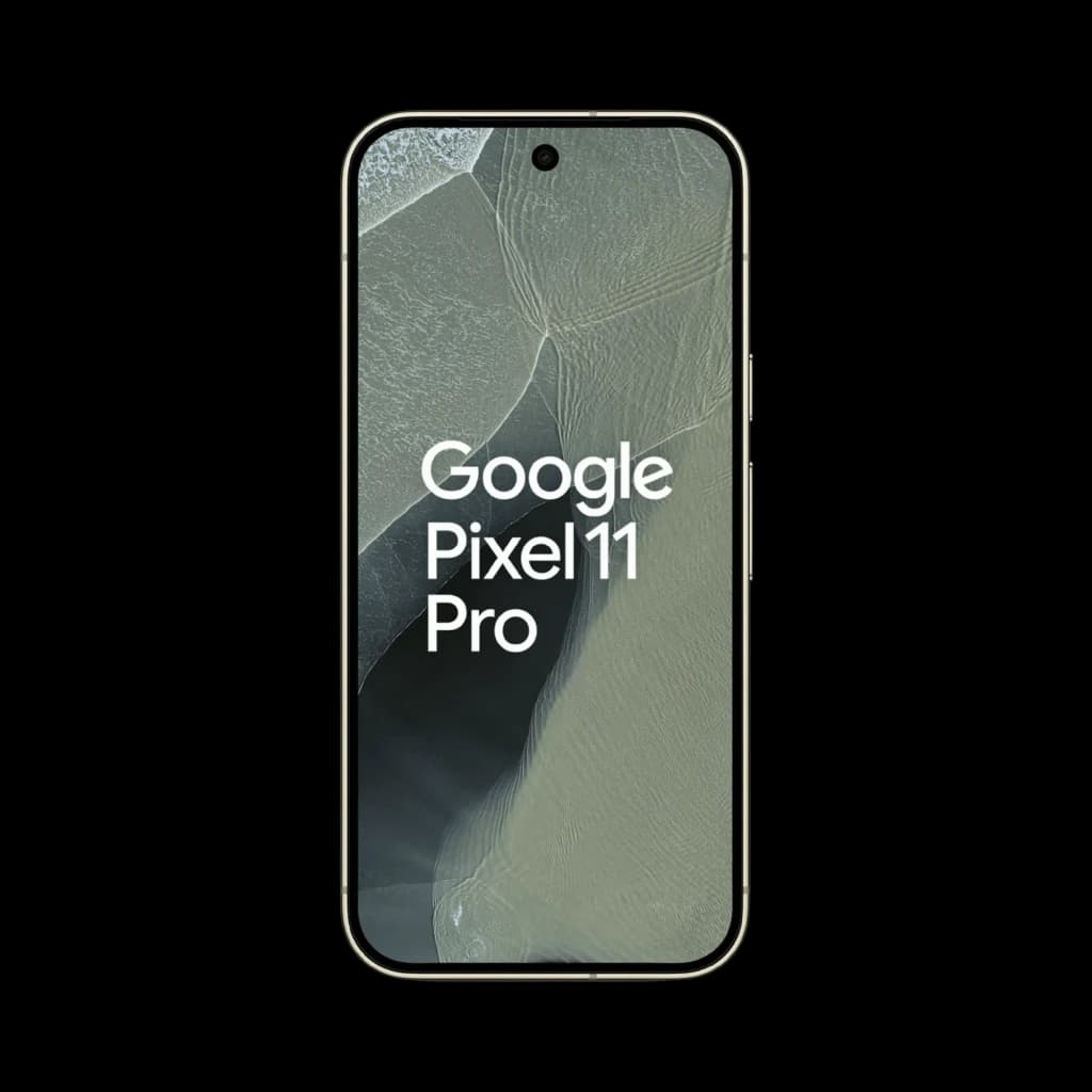 Google Pixel 11 Pro 5G en color olive con pantalla completa y biseles delgados, cámara frontal perforada central y diseño premium minimalista