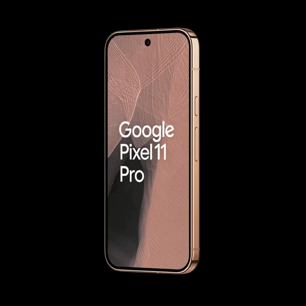 Google Pixel 11 Pro 5G en color dorado Canyon con pantalla casi sin bordes y cámara frontal en orificio central; marco metálico y botones laterales visibles