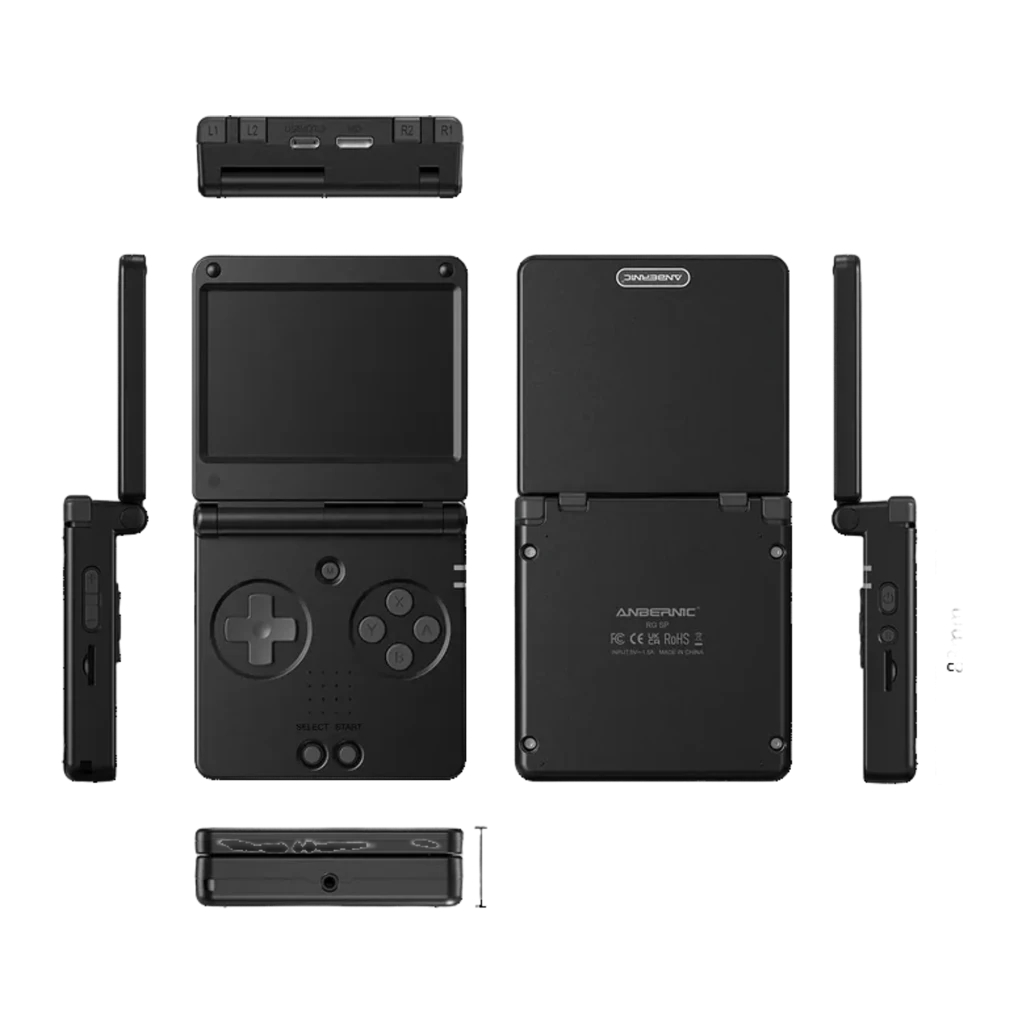 Consola portátil Anbernic RG SP Negro con diseño plegable, pantalla superior, cruceta a la izquierda, botones ABXY a la derecha y doble botón frontal - Ítem4