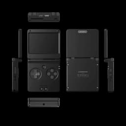 Console portable Anbernic RG SP Noir, style pliant, coque noire mate, écran compact, croix directionnelle, boutons A B X Y, ports latéraux et charnière