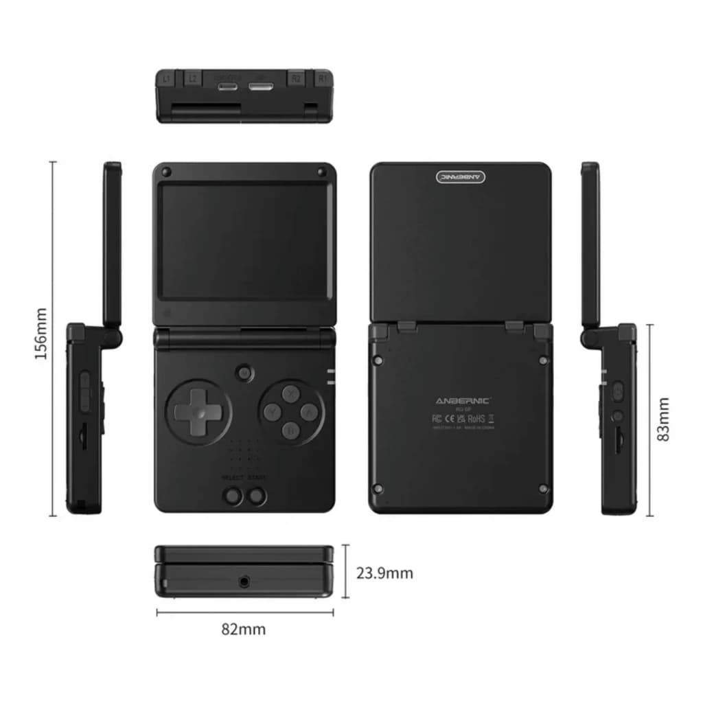 Console portable Anbernic RG SP Noir pliable, coloris noir, écran vertical, croix directionnelle, 4 boutons, ports latéraux, design compact 82×83×24 mm