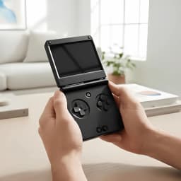Console portable Anbernic RG SP Noir, design pliable, écran compact, coque noire mate, croix directionnelle et deux boutons frontaux, prise jack centrale
