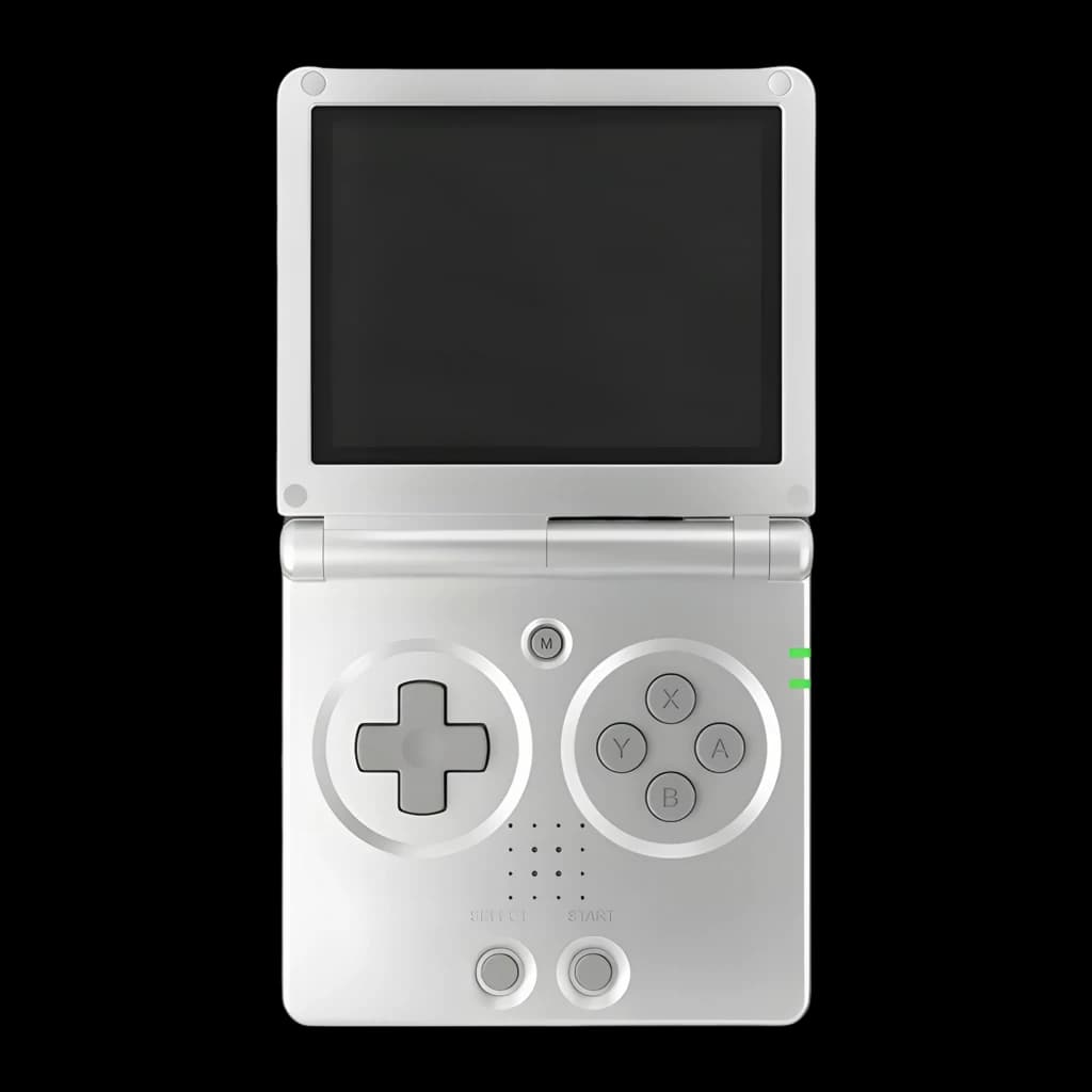 Console portable Anbernic RG SP Silver, design pliable argent, grand écran, croix directionnelle à gauche, boutons A B X Y à droite, voyants LED verts