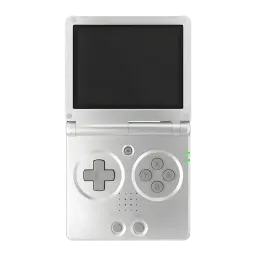 Console portable Anbernic RG SP Silver, design pliable argent, grand écran, croix directionnelle à gauche, boutons A B X Y à droite, voyants LED verts