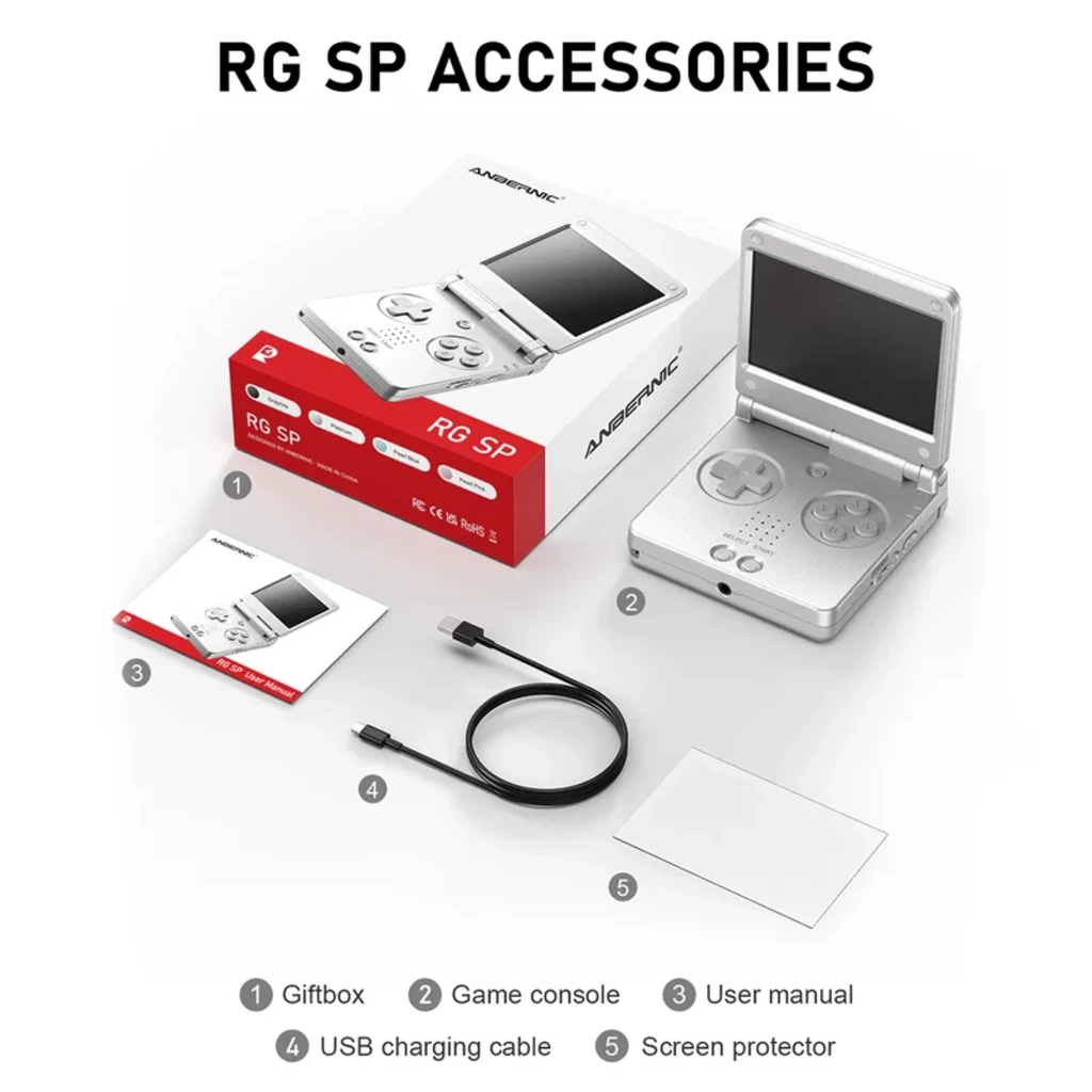 Consola portátil Anbernic RG SP Plata con diseño plegable, pantalla grande, cruceta, cuatro botones A B X Y, altavoces frontales y luces LED laterales - Ítem1