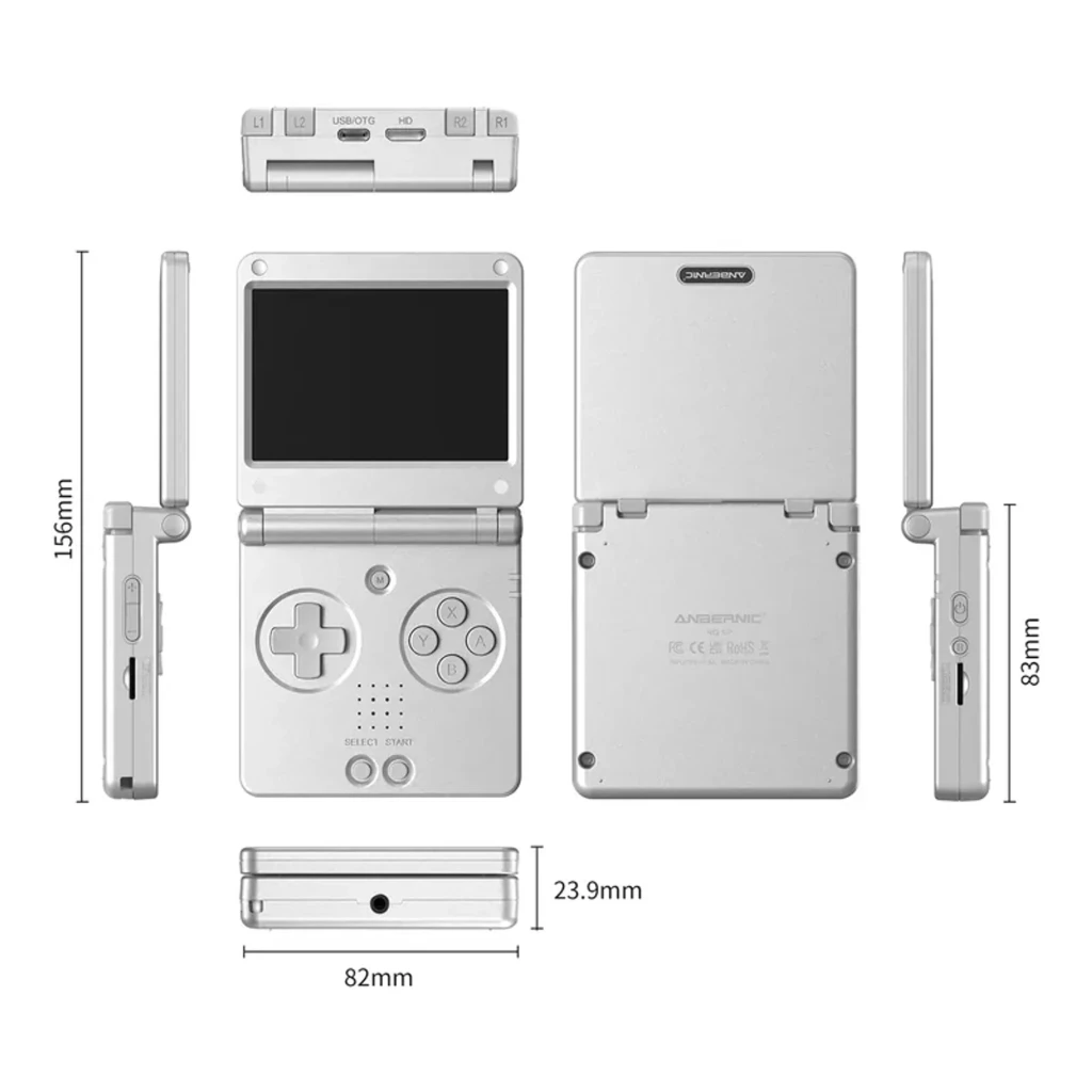Consola portátil Anbernic RG SP Plata con diseño plegable, pantalla grande, cruceta, cuatro botones A B X Y, altavoces frontales y luces LED laterales - Ítem2