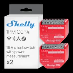 Relé inteligente Shelly 1PM Gen4 Pack de 2 Medição de Consumo em vermelho, módulos compactos com terminais para L N I O SW, indicadores Gen4 e caixa x2