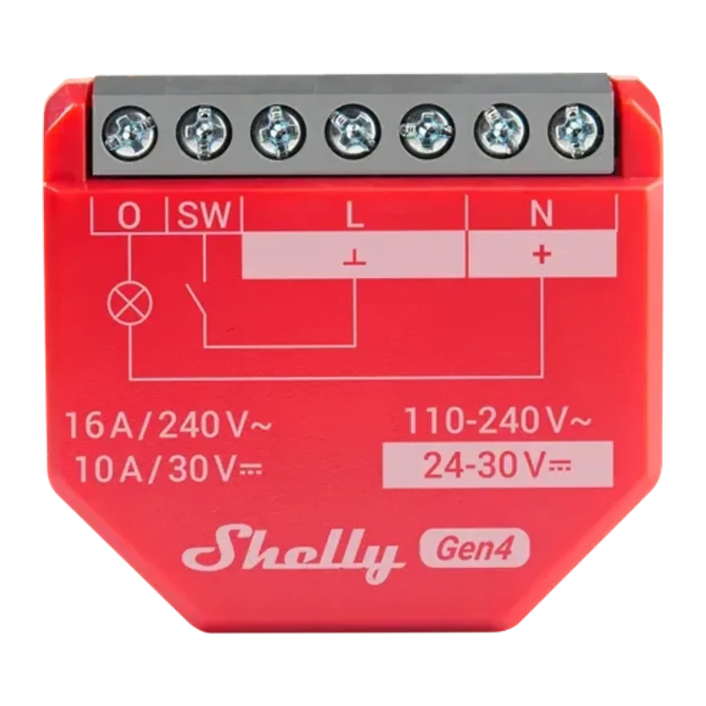 Relé inteligente Shelly 1PM Gen4 pack x2 en color rojo, módulos compactos con bornes de tornillo, indicadores L N SW I O, 16A 240V, 110-240V AC y 24-30V DC - Ítem5