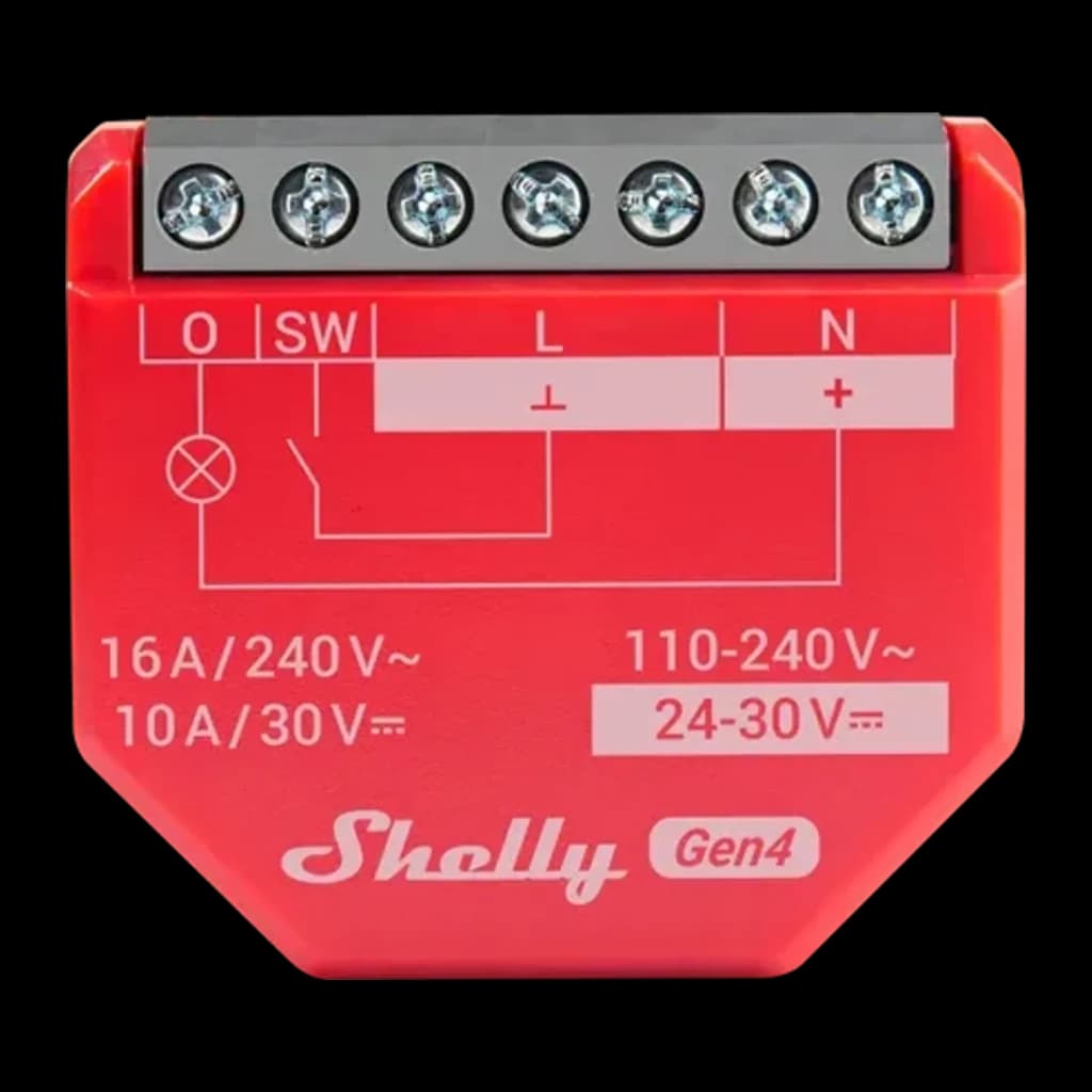 Relé inteligente Shelly 1PM Gen4 Pack de 2 Medição de Consumo em caixa vermelha, terminais de parafuso identificados L N O SW, suporta 16A 240V e 110-240V