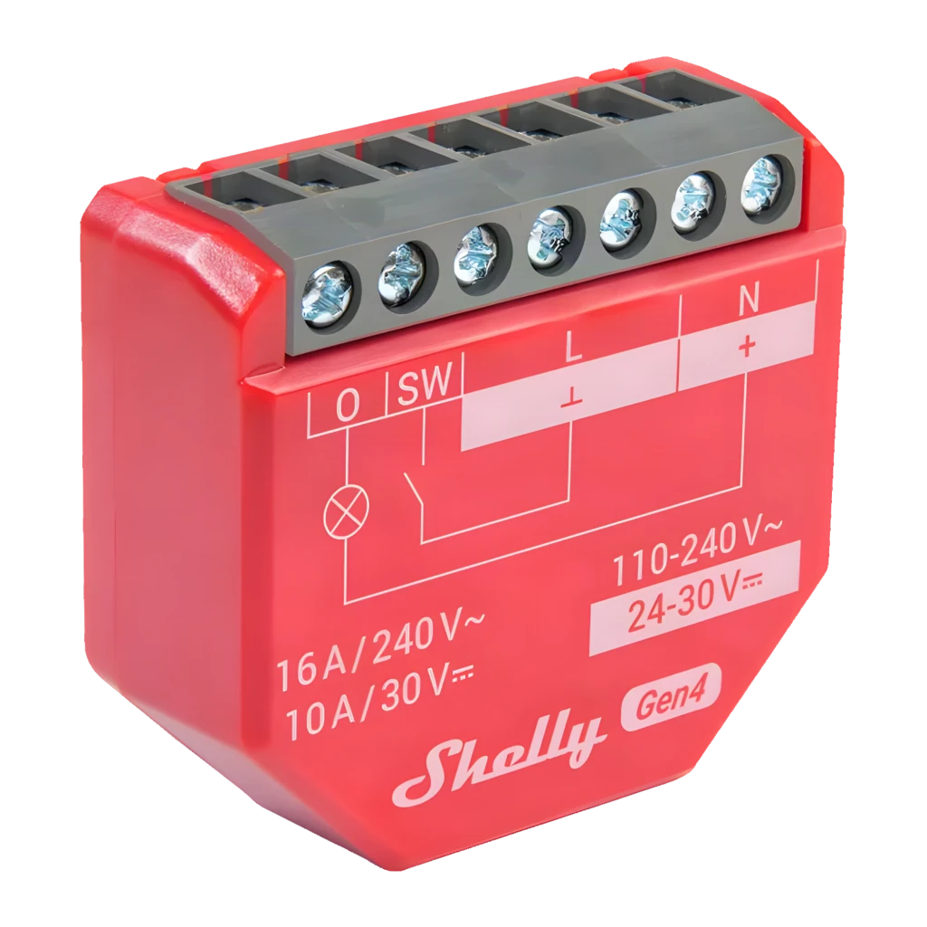 Relé inteligente Shelly 1PM Gen4 pack x2 en color rojo, módulos compactos con bornes de tornillo, indicadores L N SW I O, 16A 240V, 110-240V AC y 24-30V DC - Ítem4