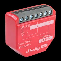Módulo vermelho Shelly 1PM Gen4 com terminais de parafuso, indicação L e N, rotulado 110–240 V e 24–30 V, 16 A/240 V e 10 A/30 V, pack de 2