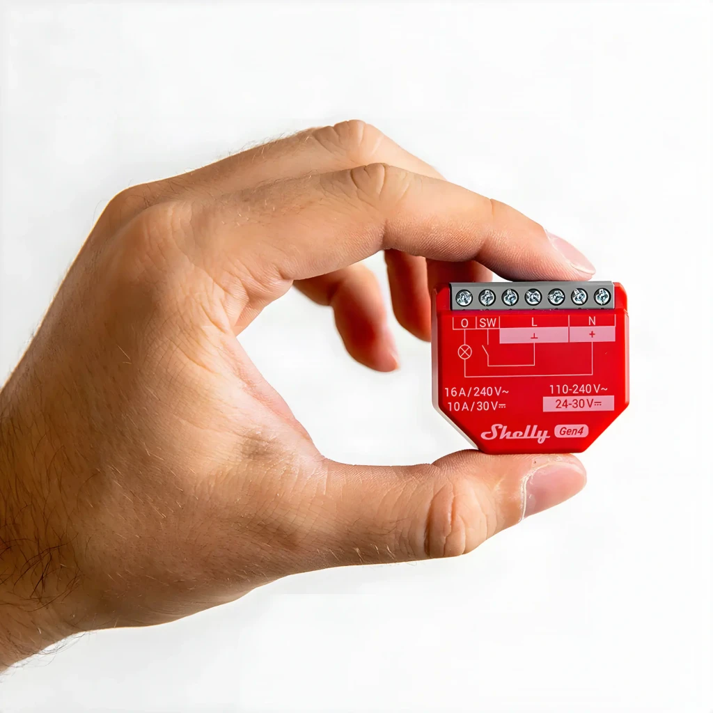 Relé inteligente Shelly 1PM Gen4 pack x2 en color rojo, módulos compactos con bornes de tornillo, indicadores L N SW I O, 16A 240V, 110-240V AC y 24-30V DC - Ítem1