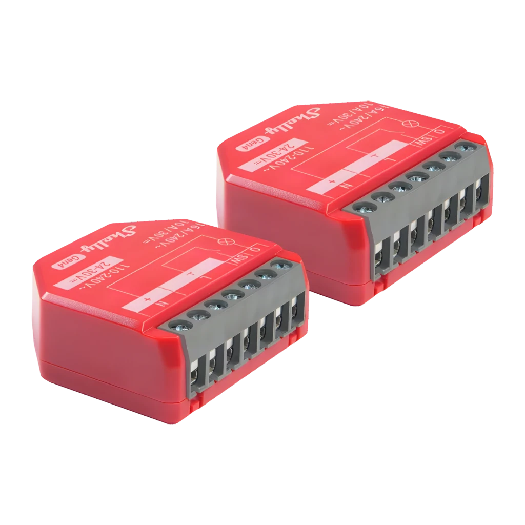 Relé inteligente Shelly 1PM Gen4 pack x2 en color rojo, módulos compactos con bornes de tornillo, indicadores L N SW I O, 16A 240V, 110-240V AC y 24-30V DC - Ítem6