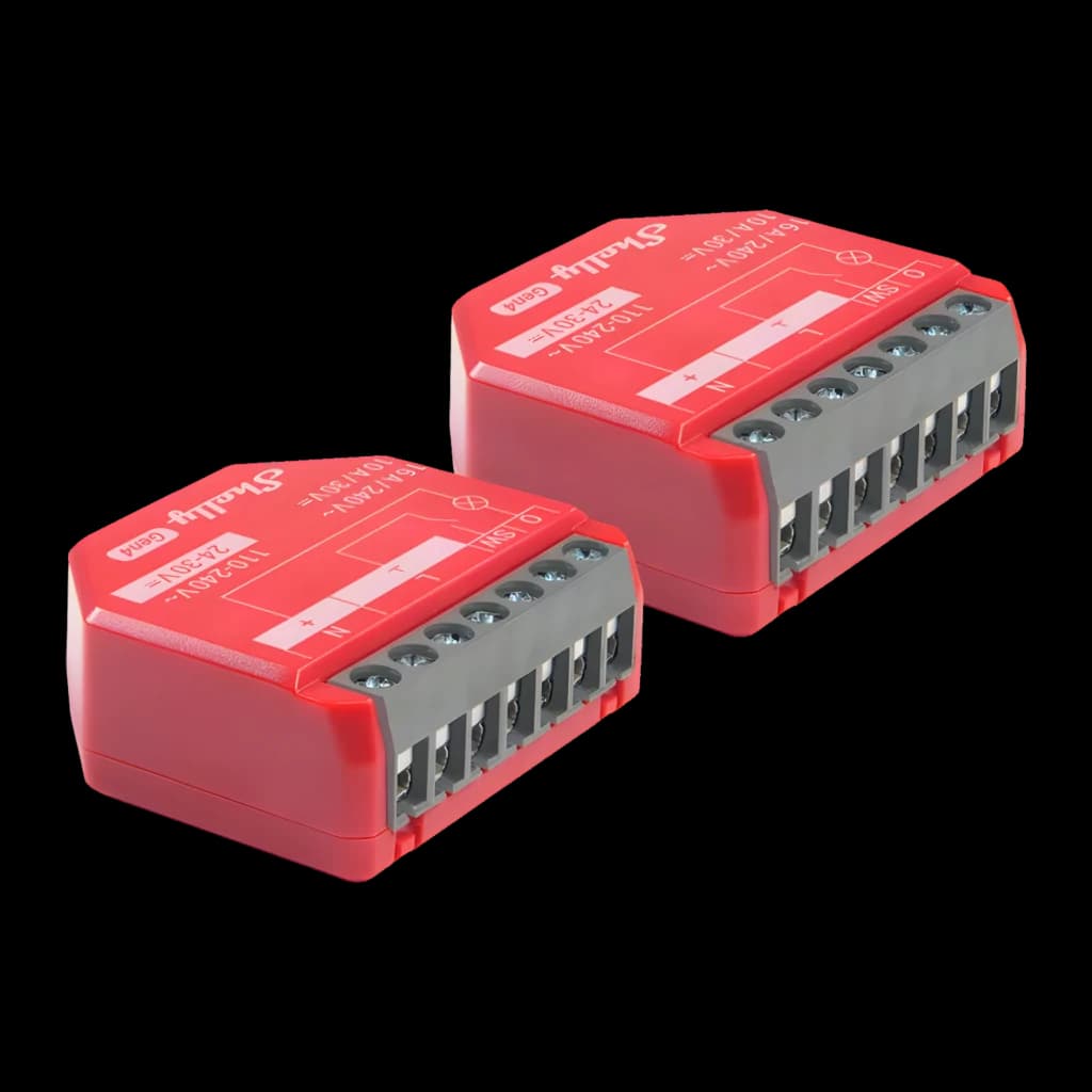 Relé inteligente Shelly 1PM Gen4 Pack de 2 Medição de Consumo em caixa vermelha, módulos compactos com bornes de parafuso frontais e indicadores impressos