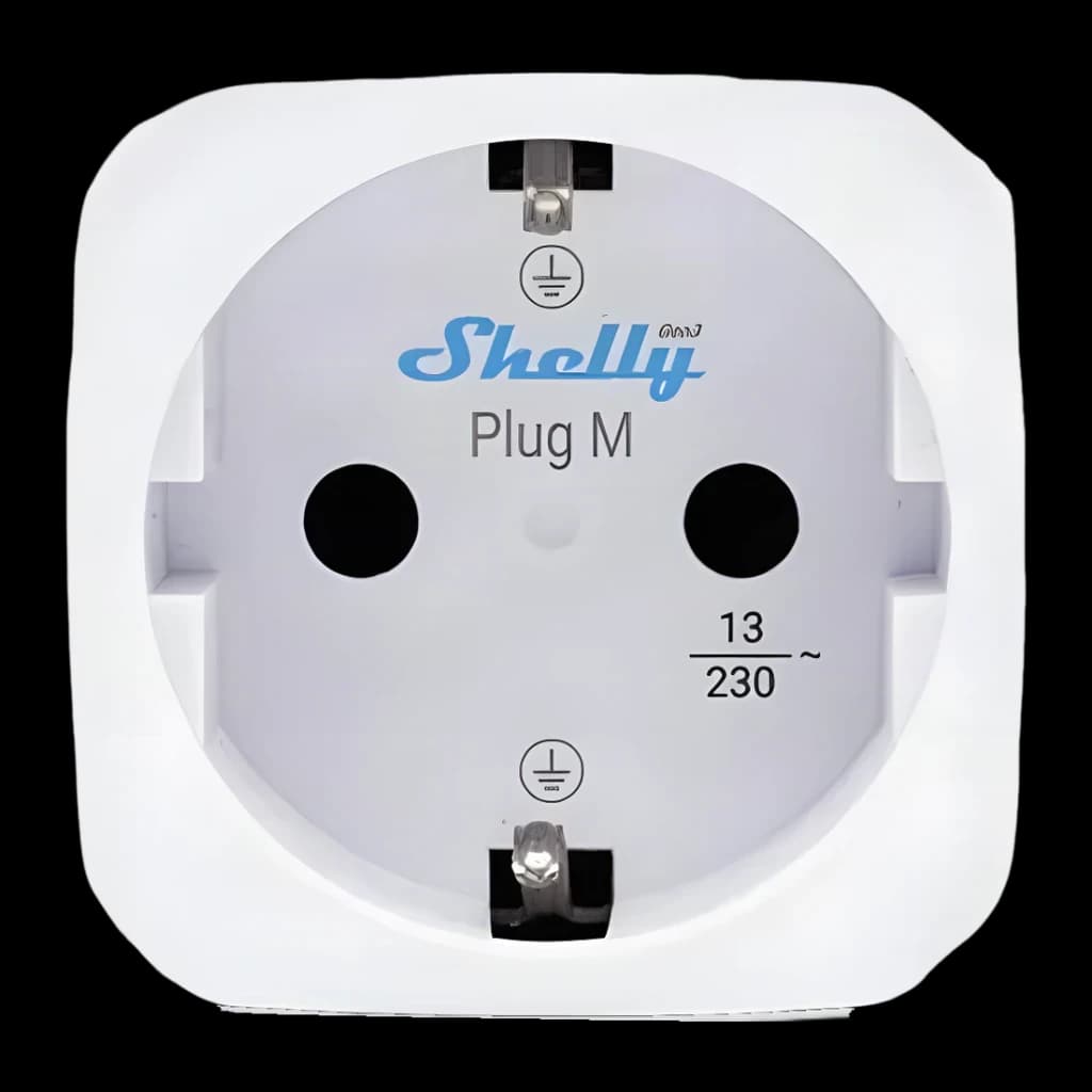 Prise intelligente Shelly Plug M Gen3 Blanc Mesure de consommation Matter 13A, vue avant: prise Schuko avec logo