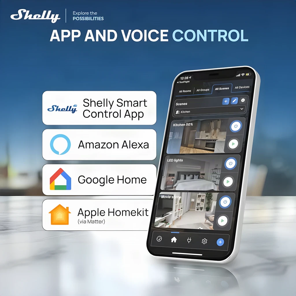 Prise intelligente Shelly Plug M Gen3 Blanc Mesure de consommation Matter 13A, app et voix: Shelly App, Alexa, Google Home